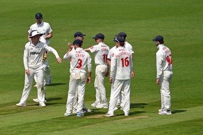 260624 - Glamorgan v Northamptonshire  - Vitality County Championship, Division 2 - Marnus Labuschange of Glamorgan celebrates with teammates after taking the wicket of Liam Patterson-White of Northamptonshire