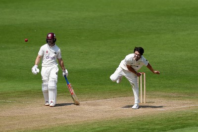 260624 - Glamorgan v Northamptonshire  - Vitality County Championship, Division 2 - Kiran Carlson of Glamorgan bowling