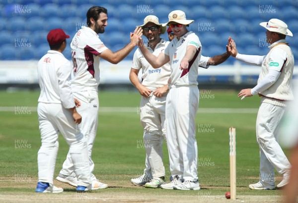 280618 - Glamorgan v Northamptonshire, Specsavers County Championship Div 2 - Northamptonshire players celebrate after Chris Cooke of Glamorgan is bowled out