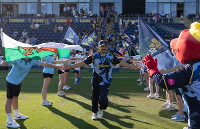 080726 - Glamorgan v Northamptonshire Steelbacks, Vitality Blast Men - Kiran Carlson of Glamorgan leads his team out