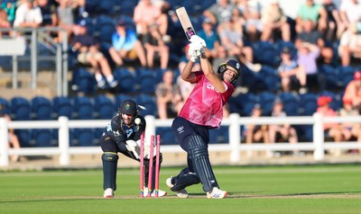 080726 - Glamorgan v Northamptonshire Steelbacks, Vitality Blast Men - David Willey of Northamptonshire Steelbacks is bowled by Ben Kellaway of Glamorgan