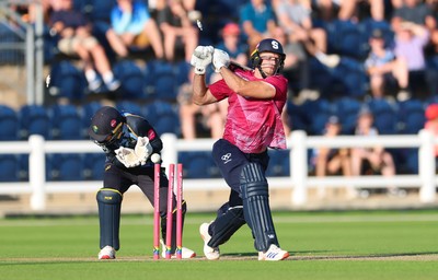 080726 - Glamorgan v Northamptonshire Steelbacks, Vitality Blast Men - David Willey of Northamptonshire Steelbacks is bowled by Ben Kellaway of Glamorgan
