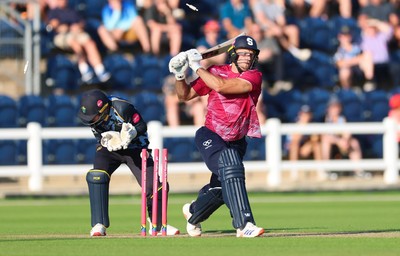 080726 - Glamorgan v Northamptonshire Steelbacks, Vitality Blast Men - David Willey of Northamptonshire Steelbacks is bowled by Ben Kellaway of Glamorgan