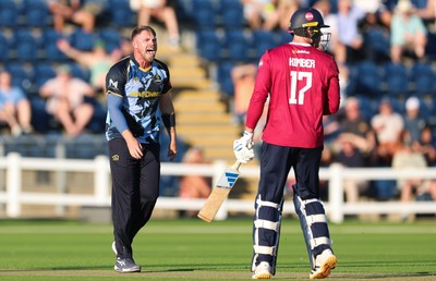 080726 - Glamorgan v Northamptonshire Steelbacks, Vitality Blast Men - Dan Douthwaite of Glamorgan celebrates as he dismisses Louis Kimber of Northamptonshire Steelbacks lbw