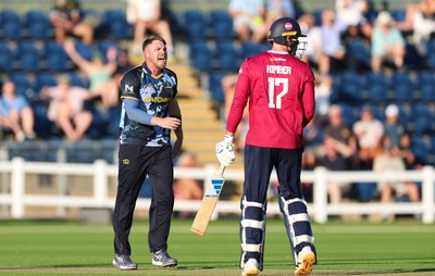080726 - Glamorgan v Northamptonshire Steelbacks, Vitality Blast Men - Dan Douthwaite of Glamorgan celebrates as he dismisses Louis Kimber of Northamptonshire Steelbacks lbw