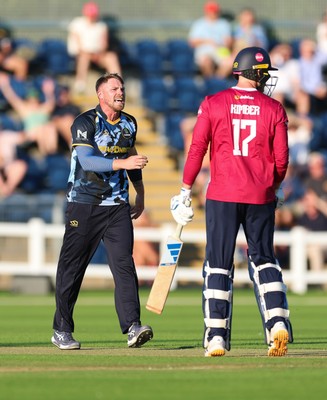 080726 - Glamorgan v Northamptonshire Steelbacks, Vitality Blast Men - Dan Douthwaite of Glamorgan celebrates as he dismisses Louis Kimber of Northamptonshire Steelbacks lbw