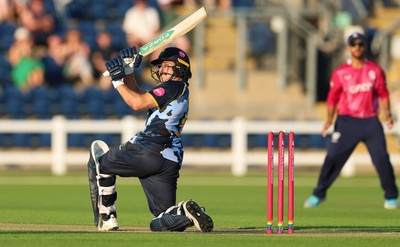 080726 - Glamorgan v Northamptonshire Steelbacks, Vitality Blast Men - Kiran Carlson of Glamorgan hits a four