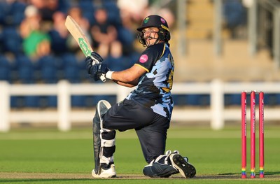 080726 - Glamorgan v Northamptonshire Steelbacks, Vitality Blast Men - Kiran Carlson of Glamorgan hits a four