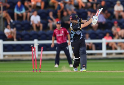 080726 - Glamorgan v Northamptonshire Steelbacks, Vitality Blast Men - Dan Douthwaite of Glamorgan is bowled by James Sales of Northamptonshire Steelbacks