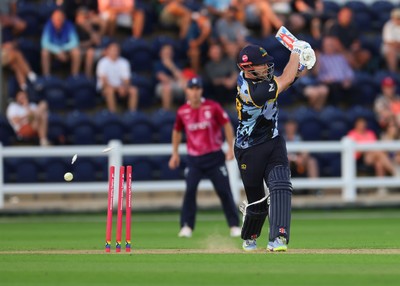 080726 - Glamorgan v Northamptonshire Steelbacks, Vitality Blast Men - Dan Douthwaite of Glamorgan is bowled by James Sales of Northamptonshire Steelbacks