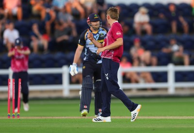 080726 - Glamorgan v Northamptonshire Steelbacks, Vitality Blast Men - James Sales of Northamptonshire Steelbacks celebrates bowling out Dan Douthwaite of Glamorgan