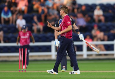 080726 - Glamorgan v Northamptonshire Steelbacks, Vitality Blast Men - James Sales of Northamptonshire Steelbacks celebrates bowling out Dan Douthwaite of Glamorgan