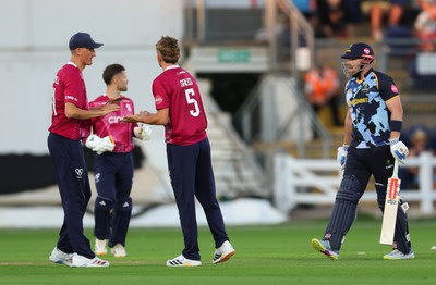 080726 - Glamorgan v Northamptonshire Steelbacks, Vitality Blast Men - James Sales of Northamptonshire Steelbacks celebrates bowling out Dan Douthwaite of Glamorgan