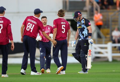 080726 - Glamorgan v Northamptonshire Steelbacks, Vitality Blast Men - James Sales of Northamptonshire Steelbacks celebrates bowling out Dan Douthwaite of Glamorgan