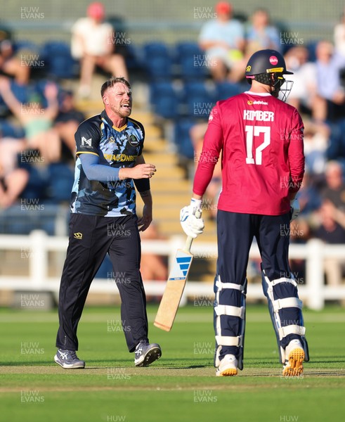 080726 - Glamorgan v Northamptonshire Steelbacks, Vitality Blast Men - Dan Douthwaite of Glamorgan celebrates as he dismisses Louis Kimber of Northamptonshire Steelbacks lbw