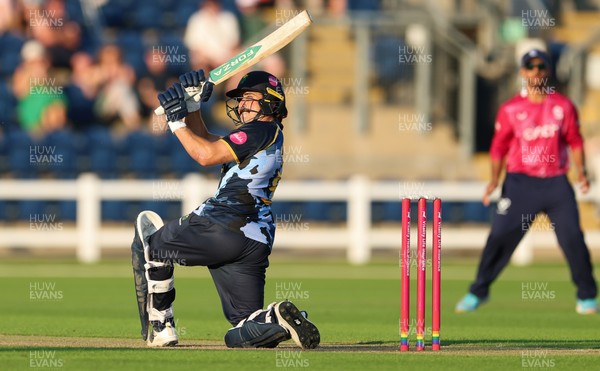 080726 - Glamorgan v Northamptonshire Steelbacks, Vitality Blast Men - Kiran Carlson of Glamorgan hits a four