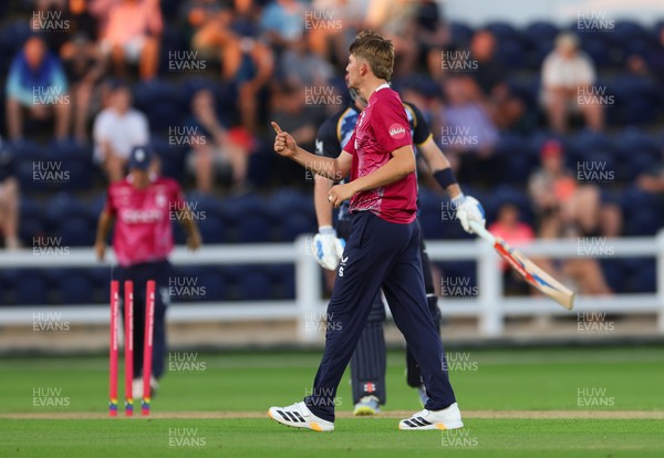 080726 - Glamorgan v Northamptonshire Steelbacks, Vitality Blast Men - James Sales of Northamptonshire Steelbacks celebrates bowling out Dan Douthwaite of Glamorgan