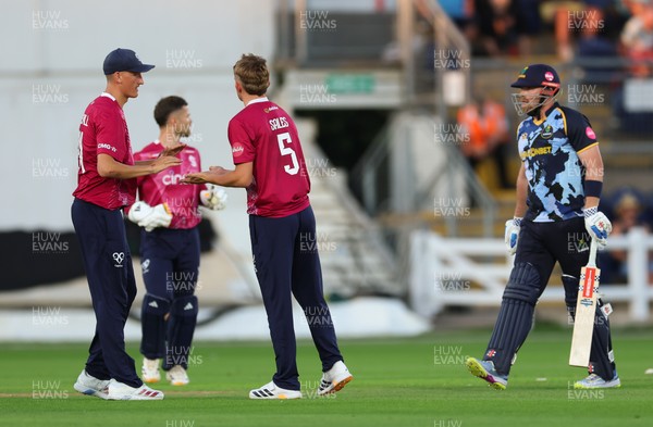 080726 - Glamorgan v Northamptonshire Steelbacks, Vitality Blast Men - James Sales of Northamptonshire Steelbacks celebrates bowling out Dan Douthwaite of Glamorgan