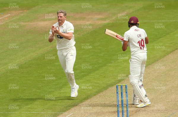 110721 - Glamorgan v Northamptonshire, LV County Championship - Timm van der Gugten of Glamorgan celebrates as Chris Cooke of Glamorgan catches Emilio Gay of Northamptonshire for 22 off his bowling