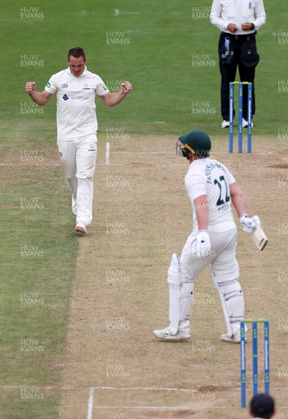 120722 - Glamorgan v Nottinghamshire - LV= County Championship Division Two - David Lloyd of Glamorgan celebrates as Liam Patterson-White is caught by Sam Northeast