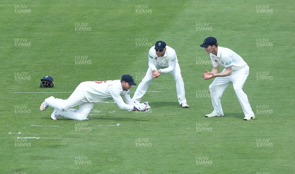 190517 - Glamorgan v Nottinghamshire, Specsavers County Championship - Colin Ingram and Aneurin Donald of Glamorgan look on as Chris Cooke of Glamorgan dives to catch Michael Lumb of Nottinghamshire off the bowling of Lukas Carey of Glamorgan