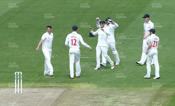 190517 - Glamorgan v Nottinghamshire, Specsavers County Championship - Glamorgan celebrate taking the wicket of Michael Lumb of Nottinghamshire