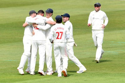 080526 - Glamorgan v Somerset - Rothesay County Championship -  Tom Norton of Glamorgan celebrates with team mates after bowling the ball to dismiss Tom Lammonby of Somerset (LBW)