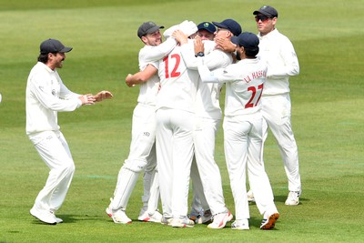 080526 - Glamorgan v Somerset - Rothesay County Championship -  Tom Norton of Glamorgan celebrates with team mates after bowling the ball to dismiss Tom Lammonby of Somerset (LBW)