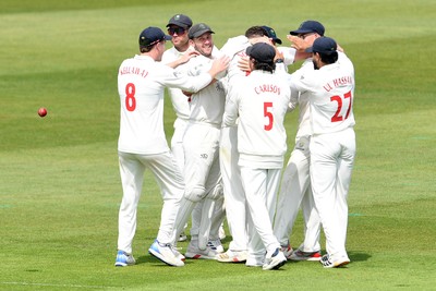 080526 - Glamorgan v Somerset - Rothesay County Championship -  Tom Norton of Glamorgan celebrates with team mates after bowling the ball to dismiss Tom Lammonby of Somerset (LBW)