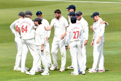 080526 - Glamorgan v Somerset - Rothesay County Championship -  Tom Norton of Glamorgan celebrates with team mates after bowling the ball to dismiss Tom Lammonby of Somerset (LBW)