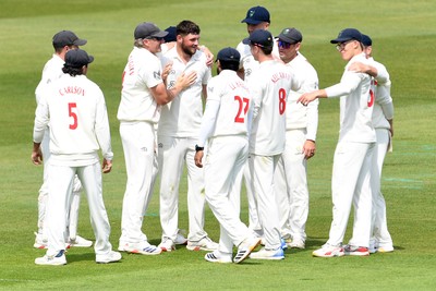 080526 - Glamorgan v Somerset - Rothesay County Championship -  Tom Norton of Glamorgan celebrates with team mates after bowling the ball to dismiss Tom Lammonby of Somerset (LBW)