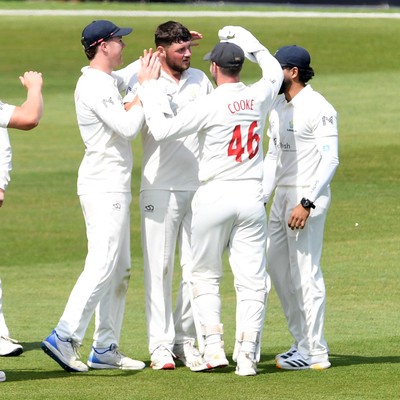 080526 - Glamorgan v Somerset - Rothesay County Championship -  Tom Norton of Glamorgan celebrates with team mates after taking the wicket of Archie Vaughan of Somerset
