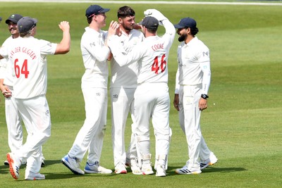 080526 - Glamorgan v Somerset - Rothesay County Championship -  Tom Norton of Glamorgan celebrates with team mates after taking the wicket of Archie Vaughan of Somerset