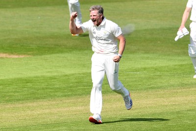 080526 - Glamorgan v Somerset - Rothesay County Championship -  Timm Van Der Gugten of Glamorgan celebrates after bowling the ball to dismiss Will Smeed of Somerset