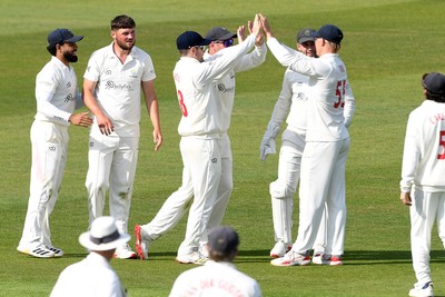 080526 - Glamorgan v Somerset - Rothesay County Championship -  Asa Tribe of Glamorgan celebrates with team mates after he catches the ball to dismiss Craig Overton of Somerset