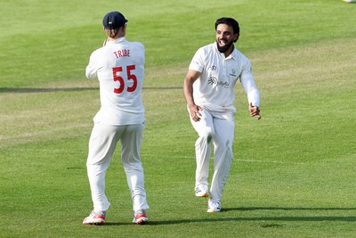 080526 - Glamorgan v Somerset - Rothesay County Championship -  Asa Tribe of Glamorgan celebrates with Zain Ul Hassan after catching the ball to dismiss Lewis Gregory of Somerset