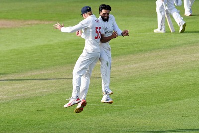 080526 - Glamorgan v Somerset - Rothesay County Championship -  Asa Tribe of Glamorgan celebrates with Zain Ul Hassan after catching the ball to dismiss Lewis Gregory of Somerset