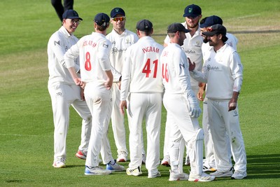 080526 - Glamorgan v Somerset - Rothesay County Championship -  Asa Tribe of Glamorgan celebrates with Zain Ul Hassan after catching the ball to dismiss Lewis Gregory of Somerset