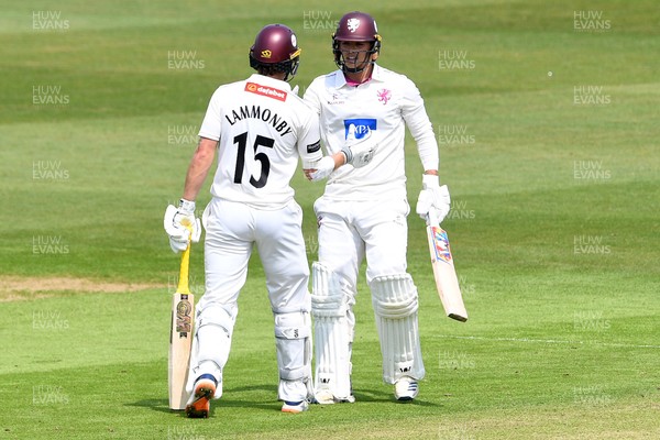 080526 - Glamorgan v Somerset - Rothesay County Championship -  Josh Thomas of Somerset is congratulated by teammate Tom Lammonby after hitting 50