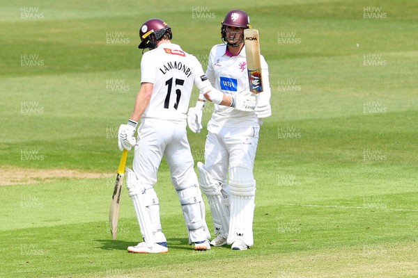080526 - Glamorgan v Somerset - Rothesay County Championship -  Josh Thomas of Somerset is congratulated by teammate Tom Lammonby after hitting 50