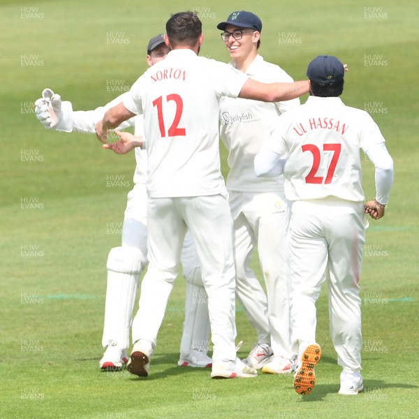080526 - Glamorgan v Somerset - Rothesay County Championship -  Tom Norton of Glamorgan celebrates with team mates after bowling the ball to dismiss Tom Lammonby of Somerset (LBW)