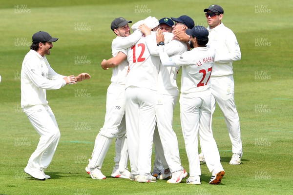 080526 - Glamorgan v Somerset - Rothesay County Championship -  Tom Norton of Glamorgan celebrates with team mates after bowling the ball to dismiss Tom Lammonby of Somerset (LBW)