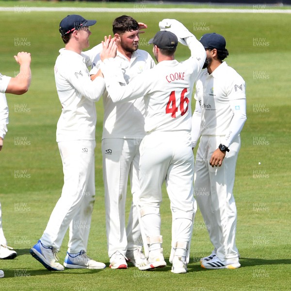 080526 - Glamorgan v Somerset - Rothesay County Championship -  Tom Norton of Glamorgan celebrates with team mates after taking the wicket of Archie Vaughan of Somerset