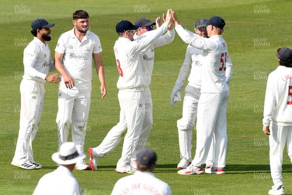 080526 - Glamorgan v Somerset - Rothesay County Championship -  Asa Tribe of Glamorgan celebrates with team mates after he catches the ball to dismiss Craig Overton of Somerset
