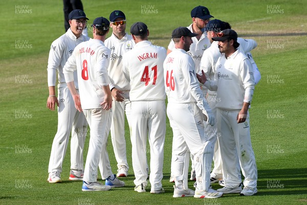 080526 - Glamorgan v Somerset - Rothesay County Championship -  Asa Tribe of Glamorgan celebrates with Zain Ul Hassan after catching the ball to dismiss Lewis Gregory of Somerset