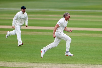100526 - Glamorgan v Somerset - Rothesay County Championship, Division One - Timm Van Der Gugten of Glamorgan celebrates taking the wicket of Craig Overton who was caught by Asa Tribe