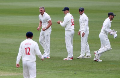 100526 - Glamorgan v Somerset - Rothesay County Championship, Division One - Timm Van Der Gugten of Glamorgan celebrates taking the wicket of Lewis Gregory