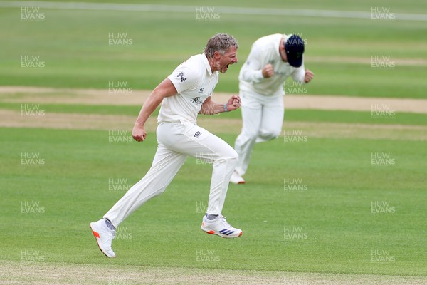 100526 - Glamorgan v Somerset - Rothesay County Championship, Division One - Timm Van Der Gugten of Glamorgan celebrates taking the wicket of Craig Overton who was caught by Asa Tribe