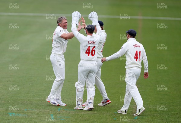 100526 - Glamorgan v Somerset - Rothesay County Championship, Division One - Timm Van Der Gugten of Glamorgan celebrates taking the wicket of Craig Overton who was caught by Asa Tribe