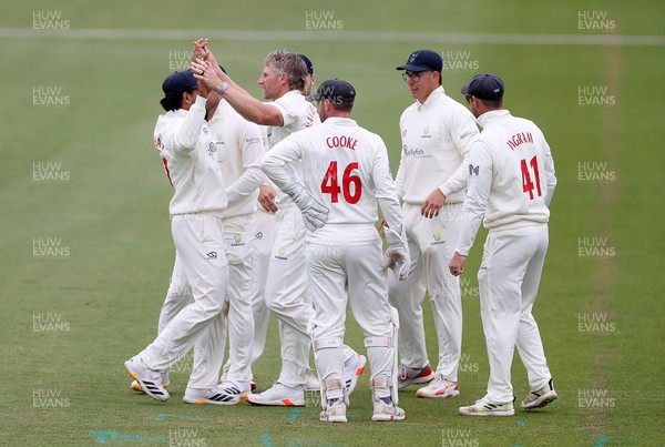100526 - Glamorgan v Somerset - Rothesay County Championship, Division One - Timm Van Der Gugten of Glamorgan celebrates taking the wicket of Craig Overton who was caught by Asa Tribe